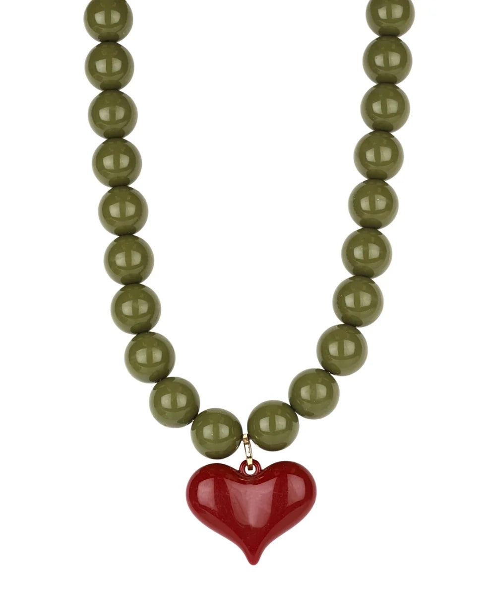 PUFFY HEART NECKLACE - OLIVE AND BURGUNDY