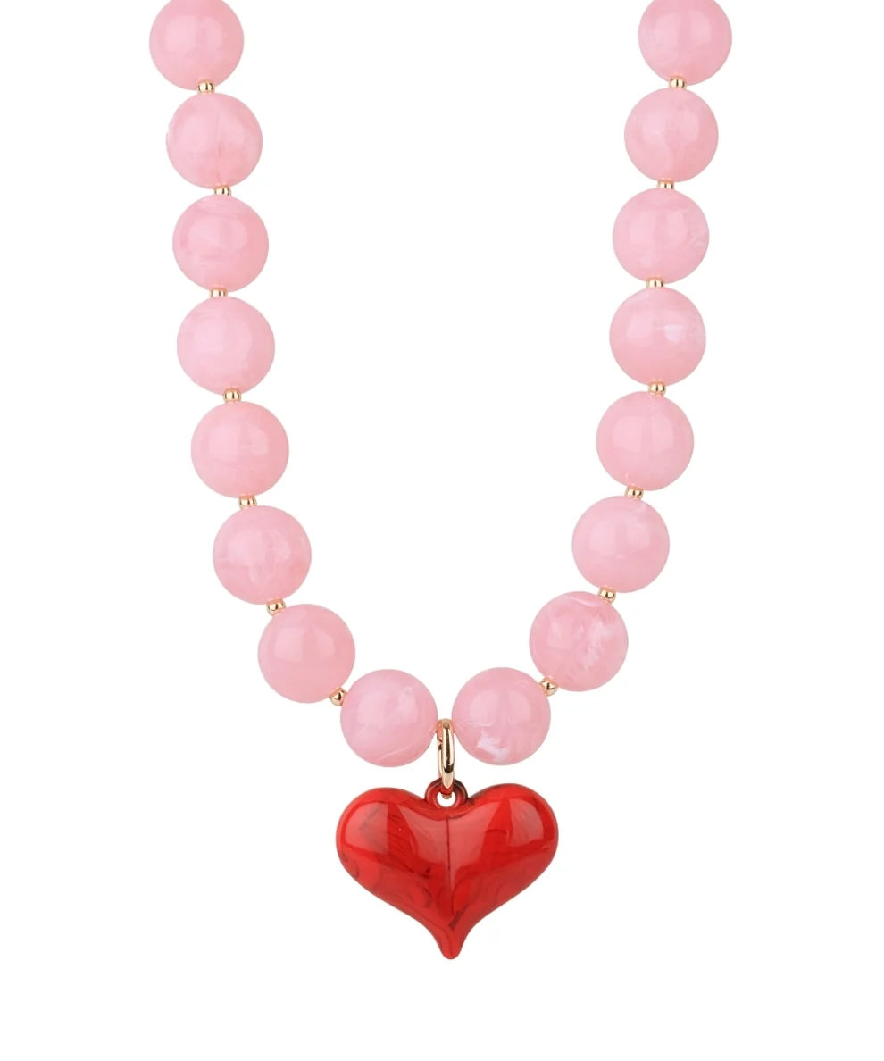 PUFFY HEART & MARBLE NECKLACE - LIGHT PINK AND RED