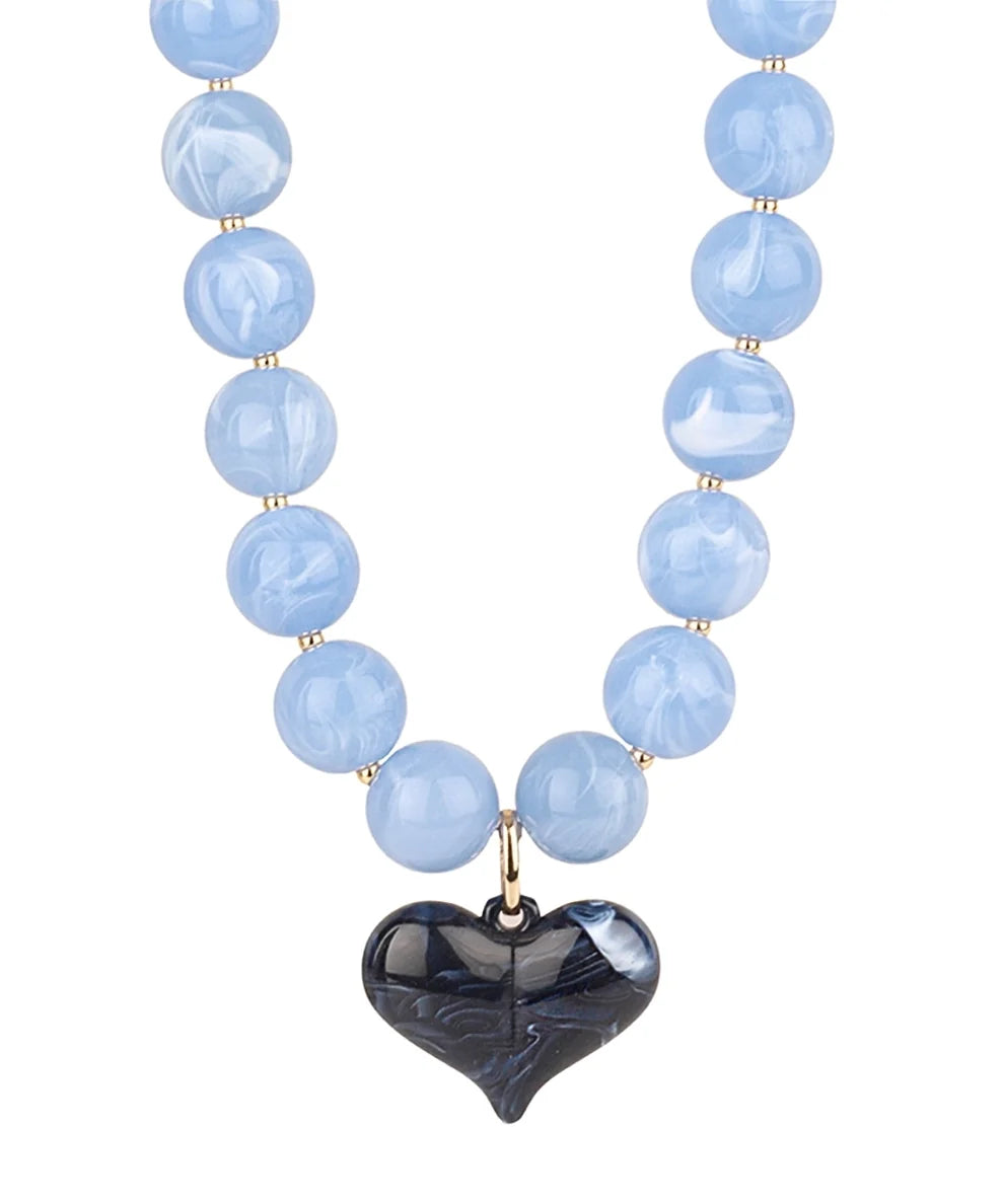 PUFFY HEART & MARBLE NECKLACE - LIGHT BLUE/DARK BLUE