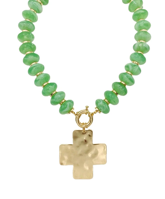 CROSS RONDELLE BEADED NECKLACE - MINT