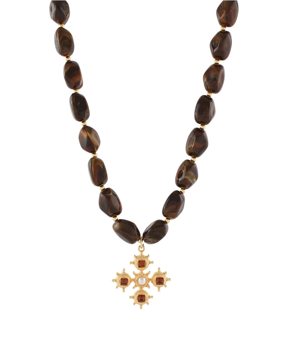 BAROQUE CROSS MARBLE STONE NECKLACE - BROWN