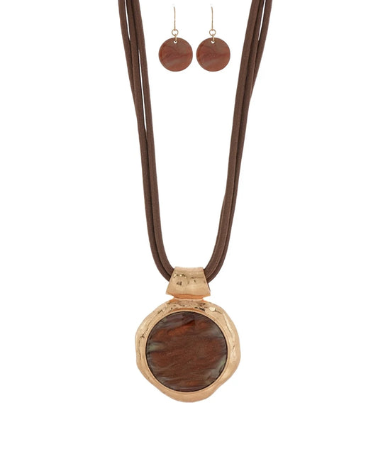 THREE LAYERED CORD MARBLE ROUND STONE NECKLACE - BROWN
