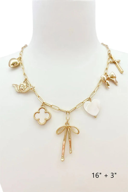 Gold Chain with Clover, Heart, Bow, Cross Charm 16"-18"