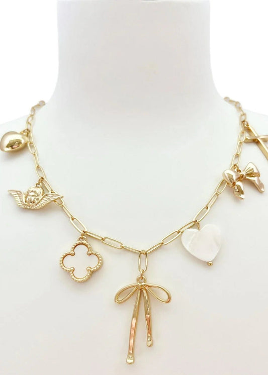 Gold Chain with Clover, Heart, Bow, Cross Charm 16"-18" Necklace