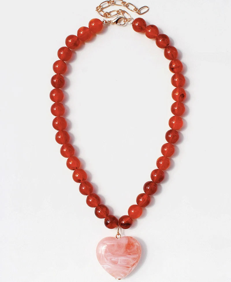 BEADED HEART NECKLACE - PINK