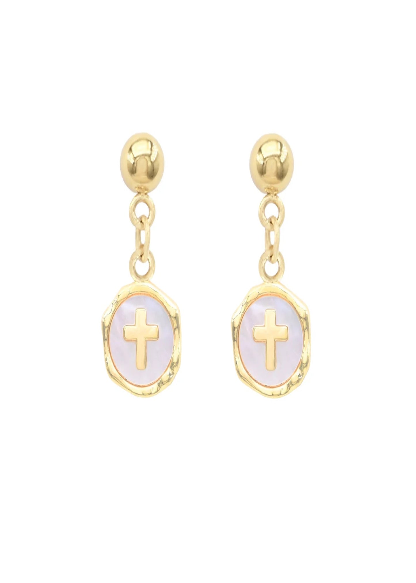 Waterproof Stainless-Steel Pearlized Circle with Gold Cross 1" Stud Drop Earring