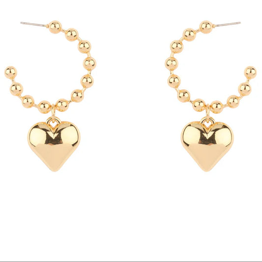 Gold 4MM Beaded Hoop with Puffy Heart 1.5" Hoop