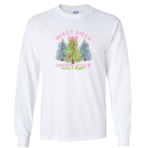 SC Soft Holly Jolly Christmas Club Front Print on LS - White