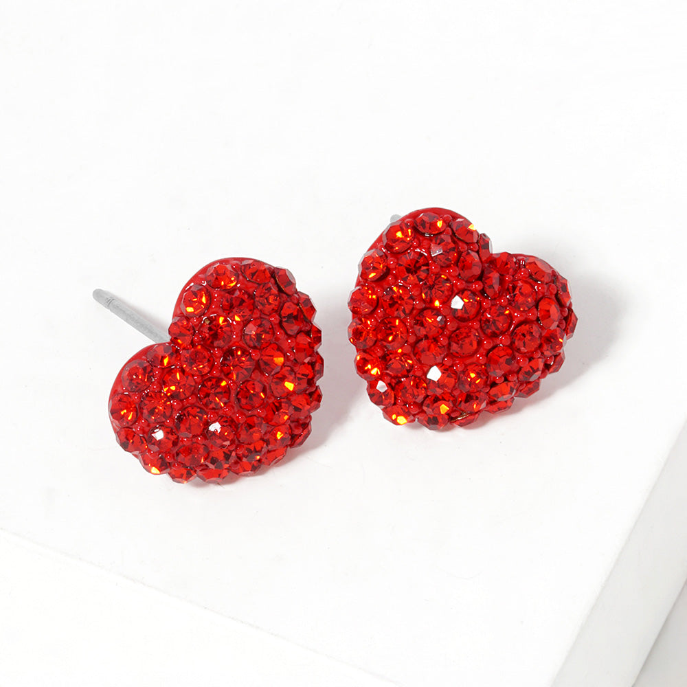 Crystal Pave Heart Stud Earrings-0.5" X 0.5