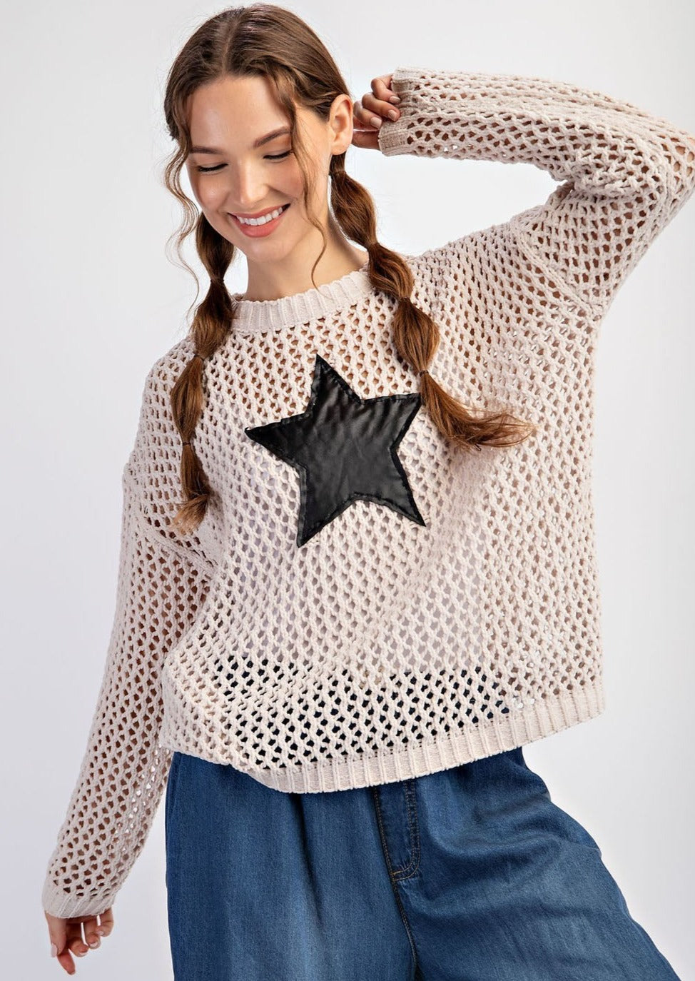 LIBERTY STAR CROCHET SWEATER-OATMEAL