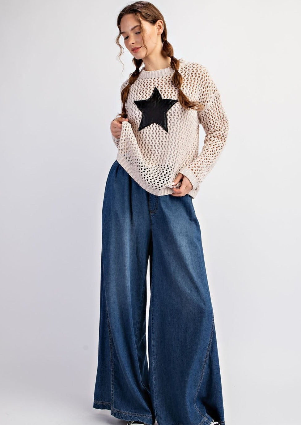 LIBERTY STAR CROCHET SWEATER-OATMEAL