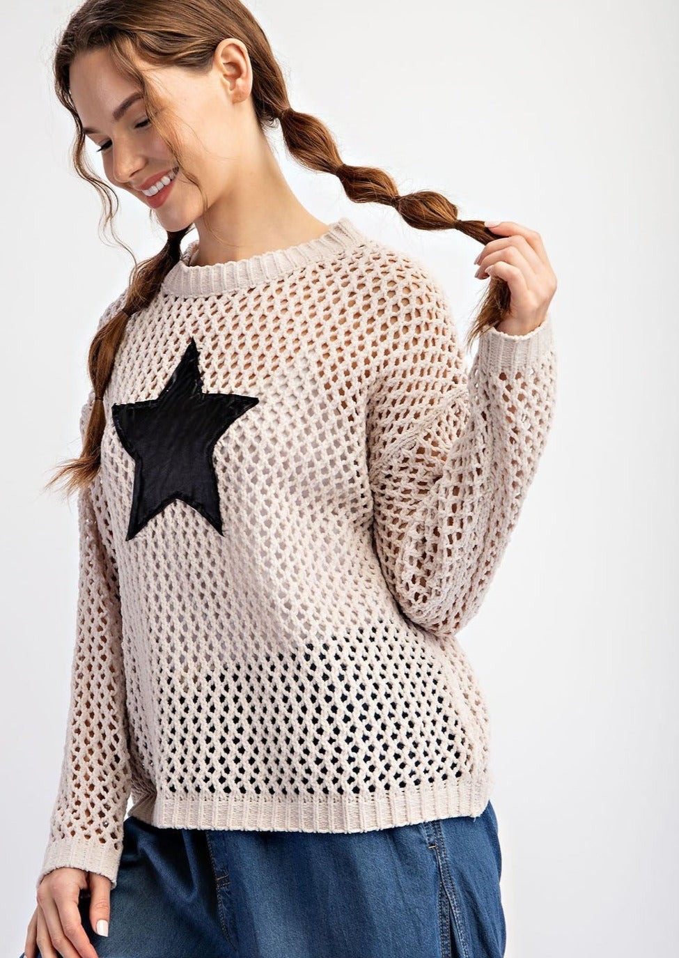 LIBERTY STAR CROCHET SWEATER-OATMEAL