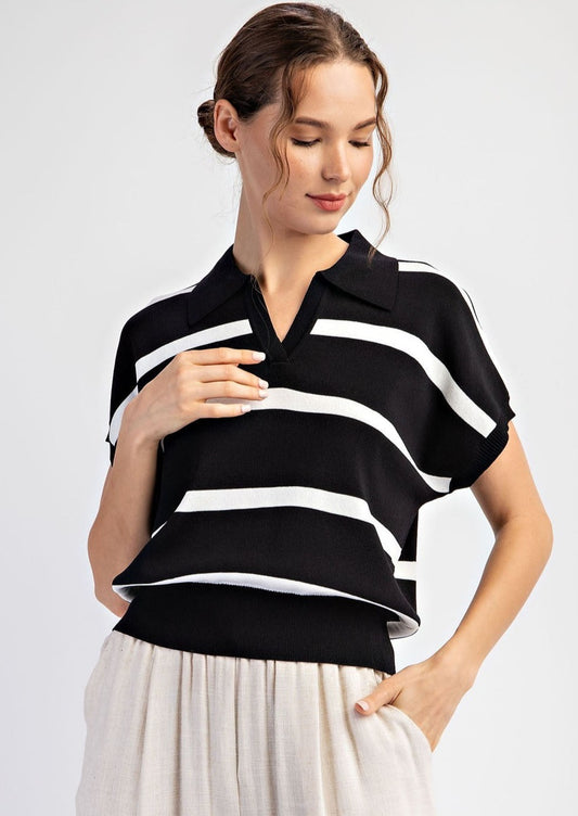 WENDY STRIPE V-NECK TOP-BLACK