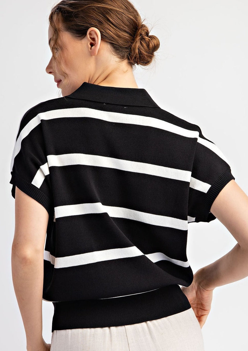 WENDY STRIPE V-NECK TOP-BLACK