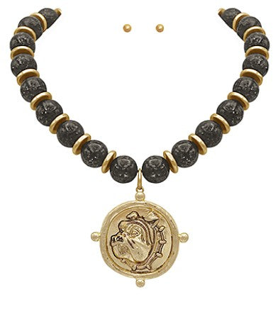 GA BULLDOG FACE & BEAD NECKLACE