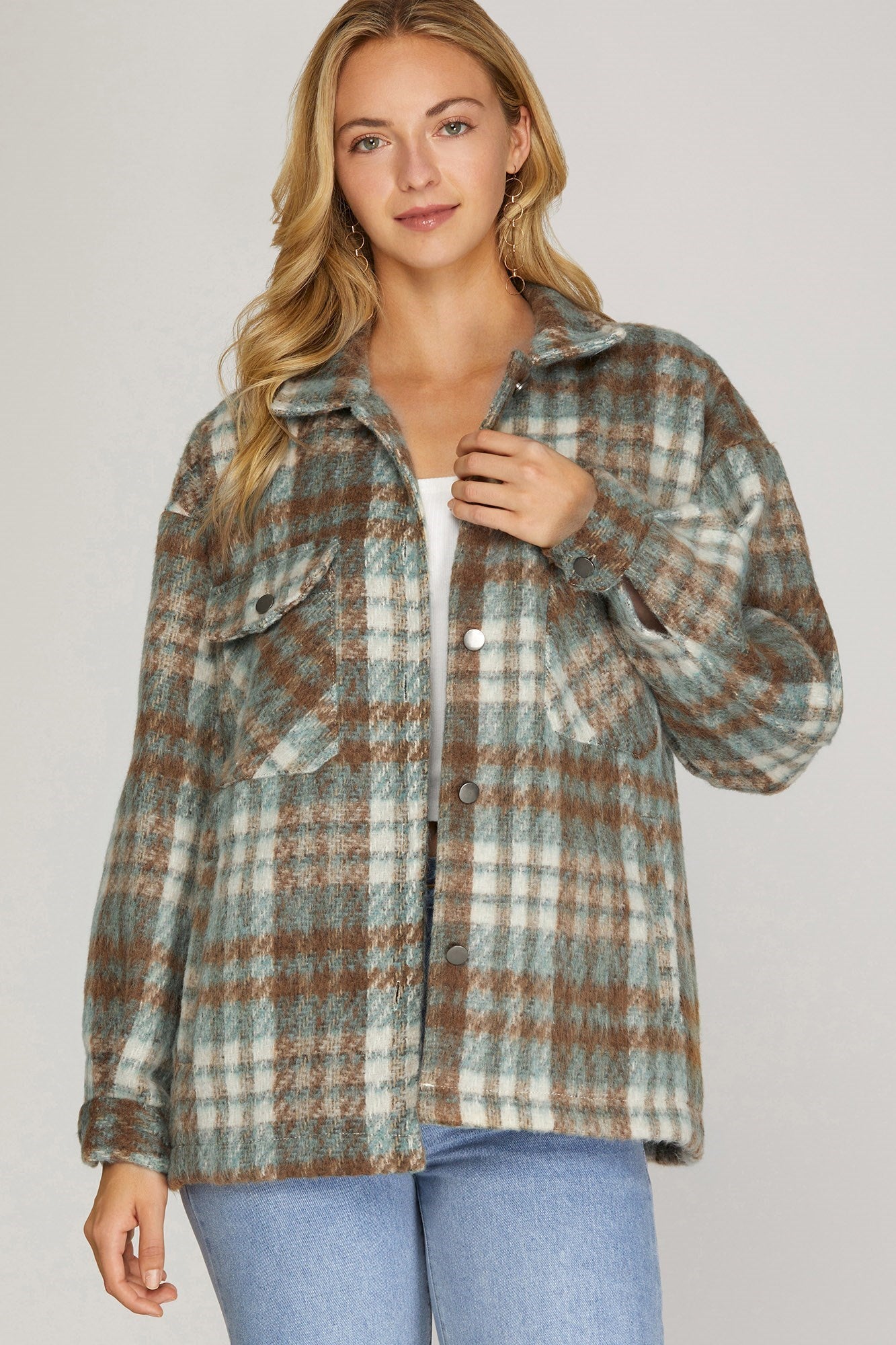 PRESLEY PLAID FLAP POCKET SHACKET-SEAFOAM/CAMEL