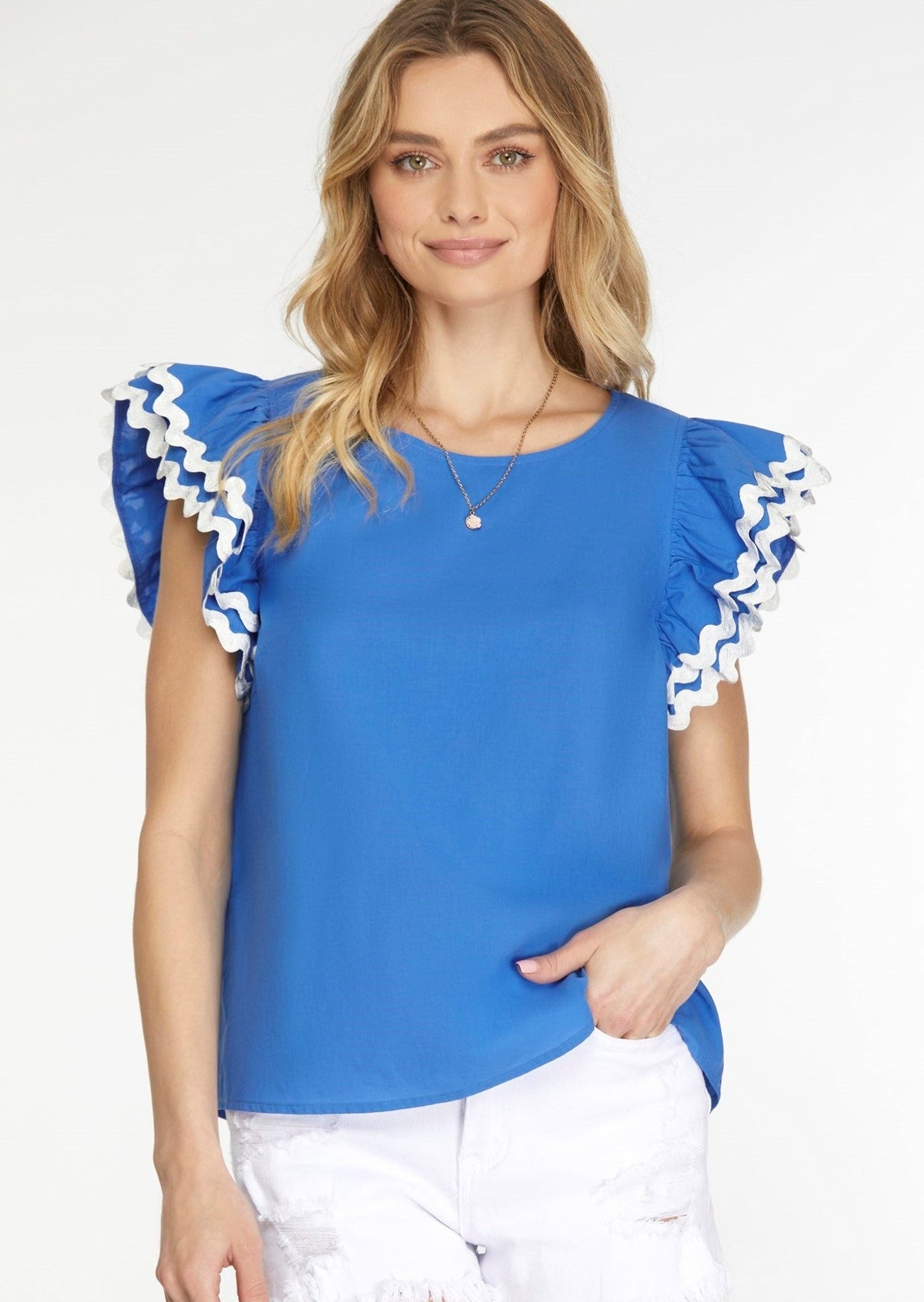 LAYLA RUFFLE SLEEVE TOP- ROYAL BLUE