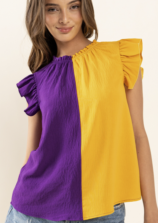 HALF AND HALF BLOUSE PURPLE/MUSTARD