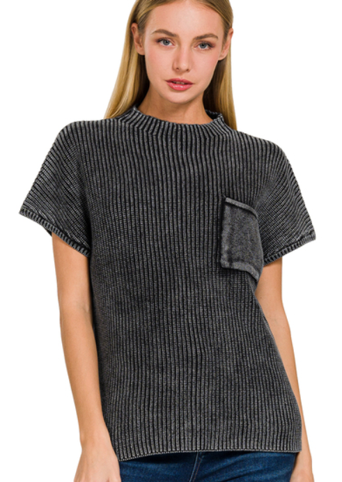 MOCK NECK SHORT SLEEVE SWEATER-BLACK