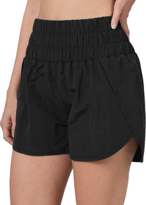 SMOCKED RUNNING SHORTS-BLACK