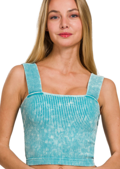 WASHED RIBBED SQUARE NECK TOP-ICE BLUE