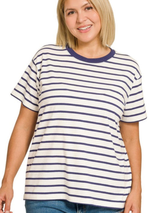 STRIPED CREW-NECK T-SHIRTS:NAVY