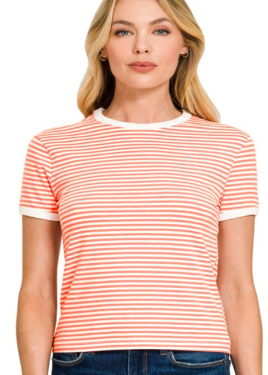 STRIPED CONTRAST TRIM TEE-CORAL