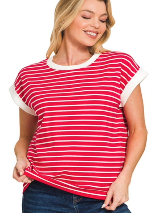 CONTRAST TRIM CAP SLEEVE STRIPE TEE-RUBY