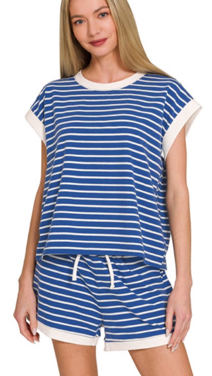 STRIPE CONTRAST TRIM TOP & SHORTS SET-NAVY