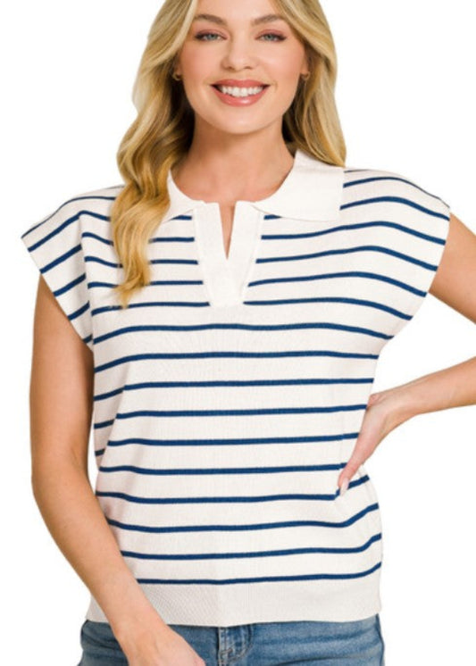 VISCOSE STRIPED COLLARED SWEATER VEST-NAVY/IVORY