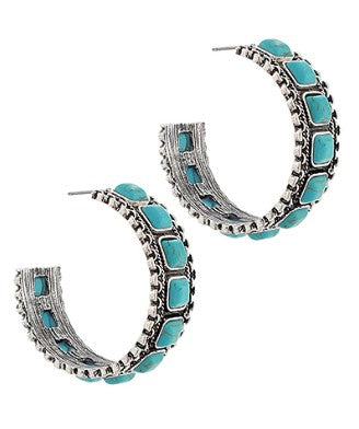 Square Stone Station Hoops - Turquoise