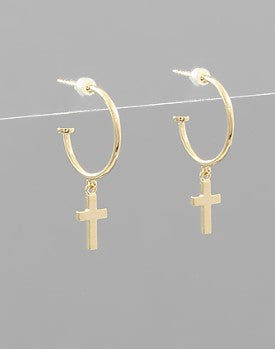CROSS DANGLE HOOPS - GOLD