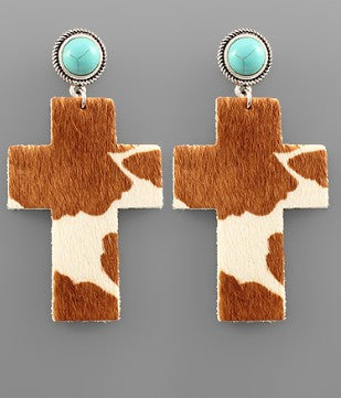 COW HIDE CROSS STONE EARRINGS - CARAMEL/IVORY