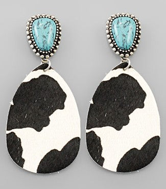 COW HIDE TEARDROP STONE EARRINGS - BLACK/COWHIDE/TQ