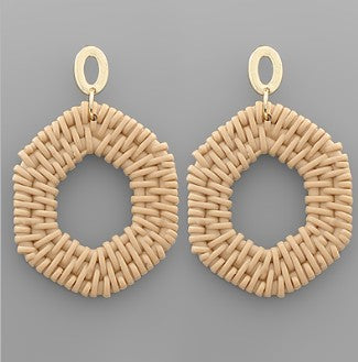 RATTAN SHAPE HEXAGON EARRINGS - BEIGE