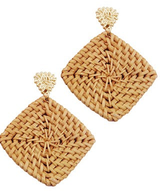 RATTAN SQUARE DROP EARRINGS - LIGHT BROWN