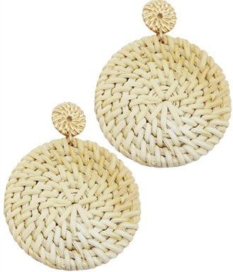 RATTAN DISC & MEATL EARRINGS - IVORY