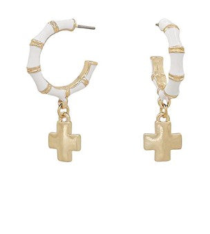 BAMBOO CROSS DANGLE HOOPS - WHITE/GOLD