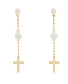 PEARL & CROSS DROP EARRINGS - CREAM/GOLD