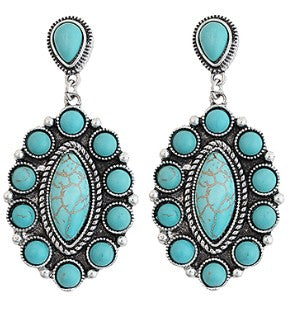 LINEAR ROUND & OVAL STONE EARRINGS - TURQUOISE/SILVER