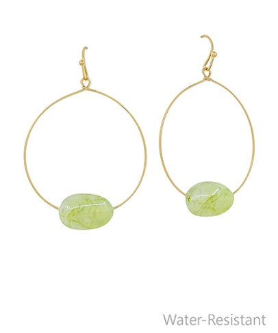 Marble Oval Stone & Wire Ring Earrings - Light Green/Gold