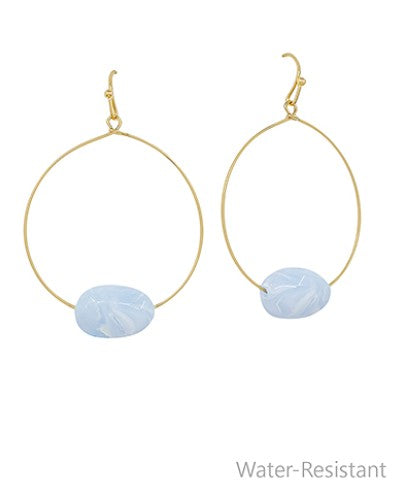 Marble Oval Stone & Wire Ring Earrings - Light Blue/Gold