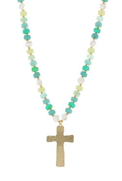 CROSS PENDANT RESIN BALL NECKLACE - GREEN/GOLD