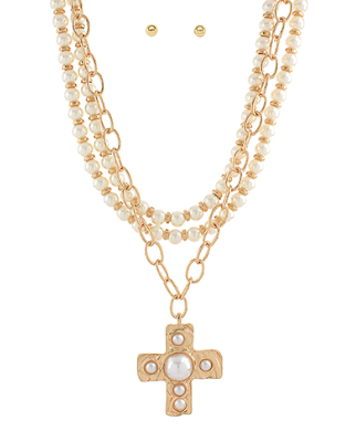 LAYERED CHAIN CROSS NECKLACE - CREAM/GOLD