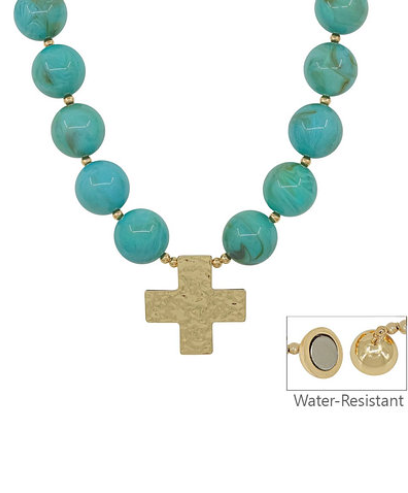 CROSS PENDANT MARBLE NECKLACE - MINT/GOLD