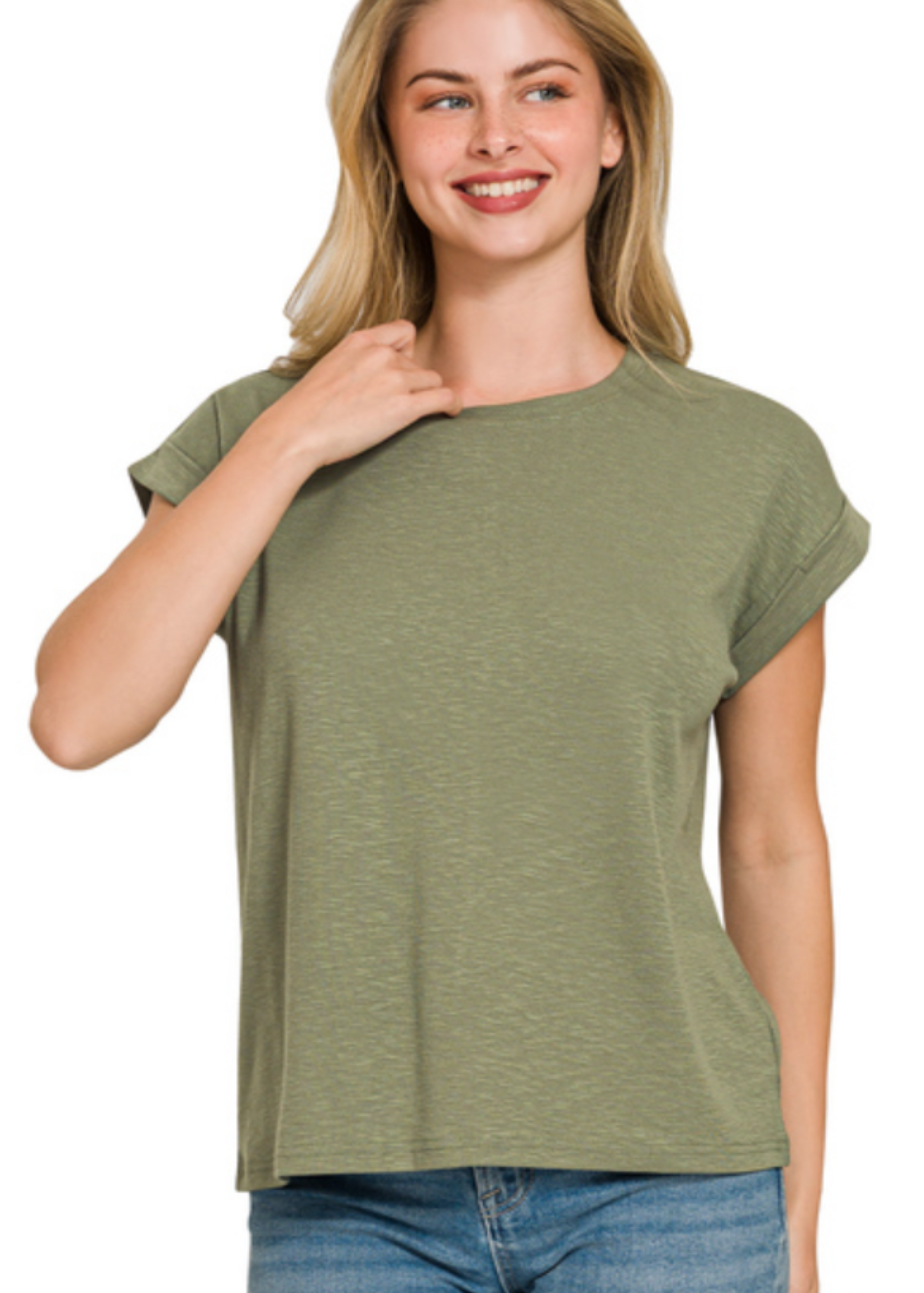 COTTON ROLLED SLEEVE TEE - LIGHT OLIVE