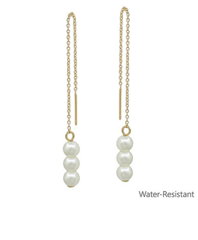 3 PEARL END CHAIN THREAD EARRINGS - CREAM/GOLD