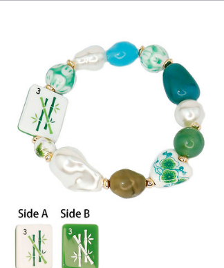 MAHJONG TILE PEARL & BEAD BRACELET - BAMBOO/GREEN