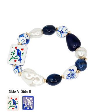 MAHJONG TILE PEARL & BEAD BRACELET - BIRD/NAVY