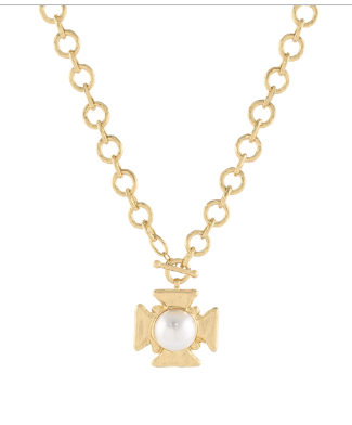 25mm PEARL & CROSS NECKLACE - WORN GOLD